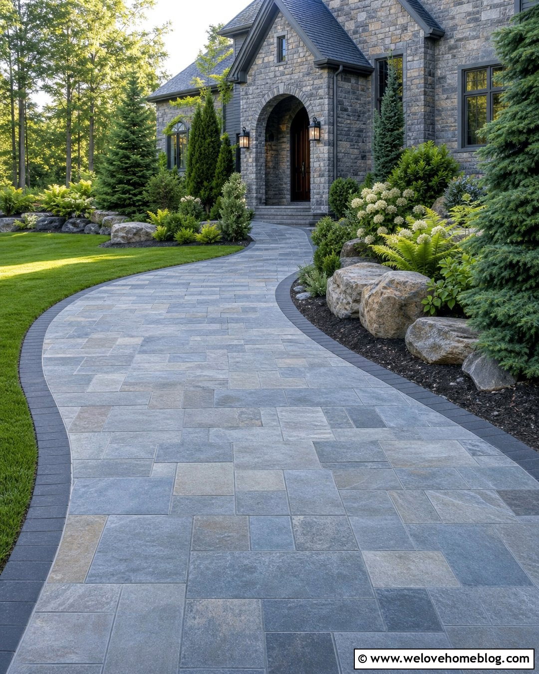 Bluestone Look Paver Driveway With Stone House