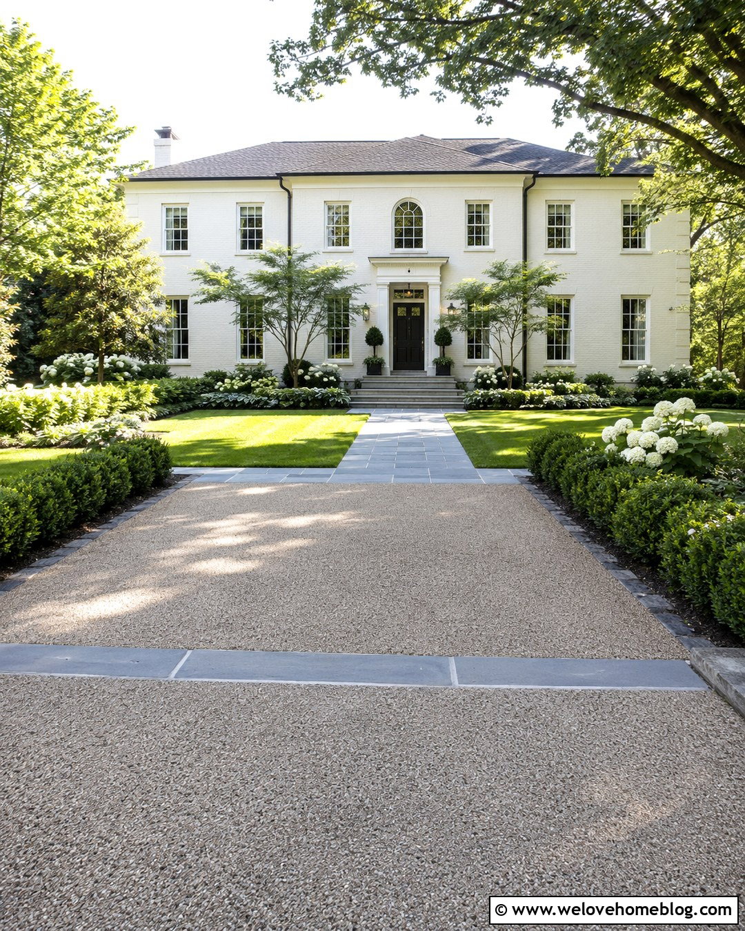 Bluestone Walkway With Low Boxwood Borders - 20 Pathway From Driveway To Front Door Ideas
