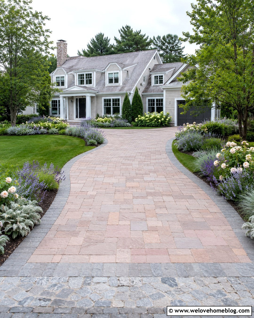 Blush Paver Driveway With Gray Border - 20 colorful paver driveway ideas