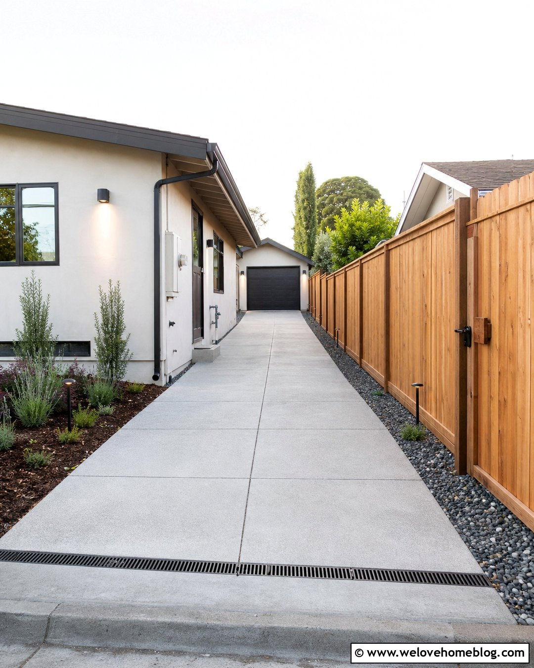 Board On Board Fence Along Narrow Concrete Driveway - 20 Fence On Concrete Driveway Ideas