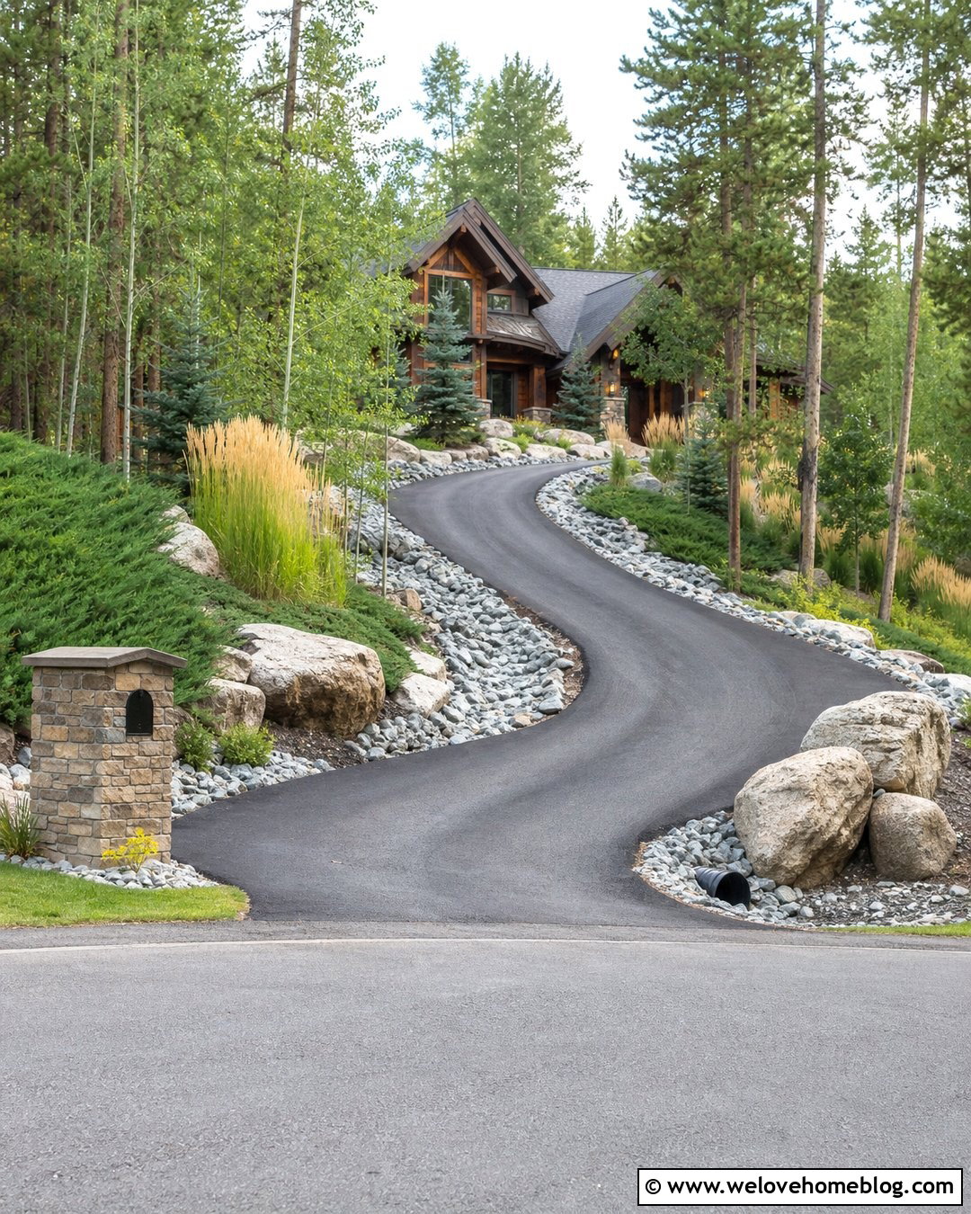 Boulder Driveway Culvert With Curved Asphalt Driveway - 20 rocks around driveway culvert ideas