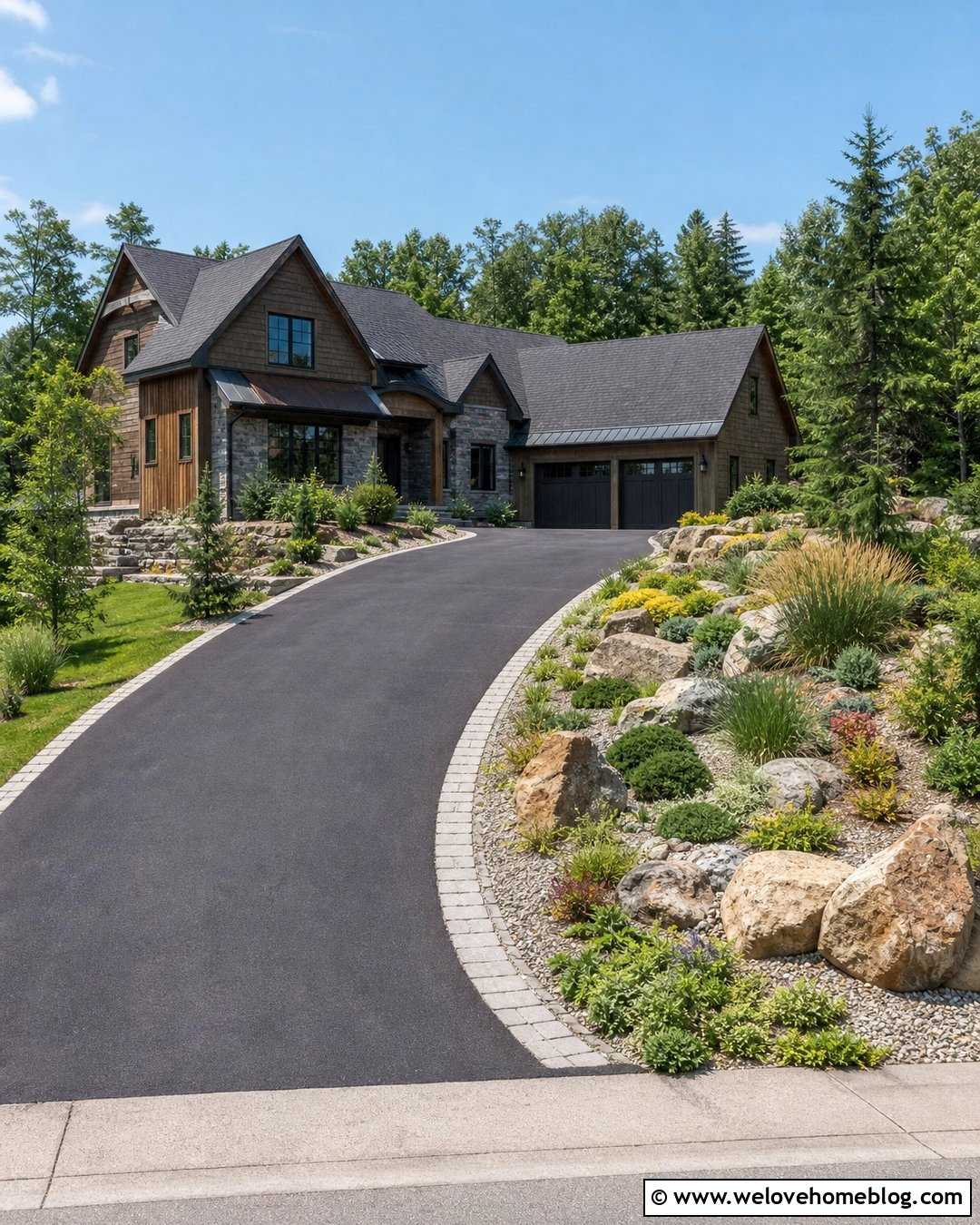 Boulder Rock Garden Beside Curved Asphalt Driveway - 20 Rock Garden Next To Driveway Ideas