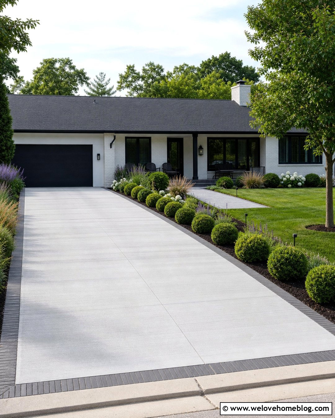 Boxwood Globes Beside A Concrete Driveway - 20 boxwood driveway ideas