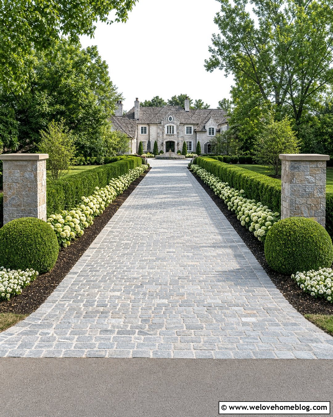 Boxwood Hedge Along Cobblestone Driveway With Pillars - 20 Boxwood Hedge Along Driveway Ideas