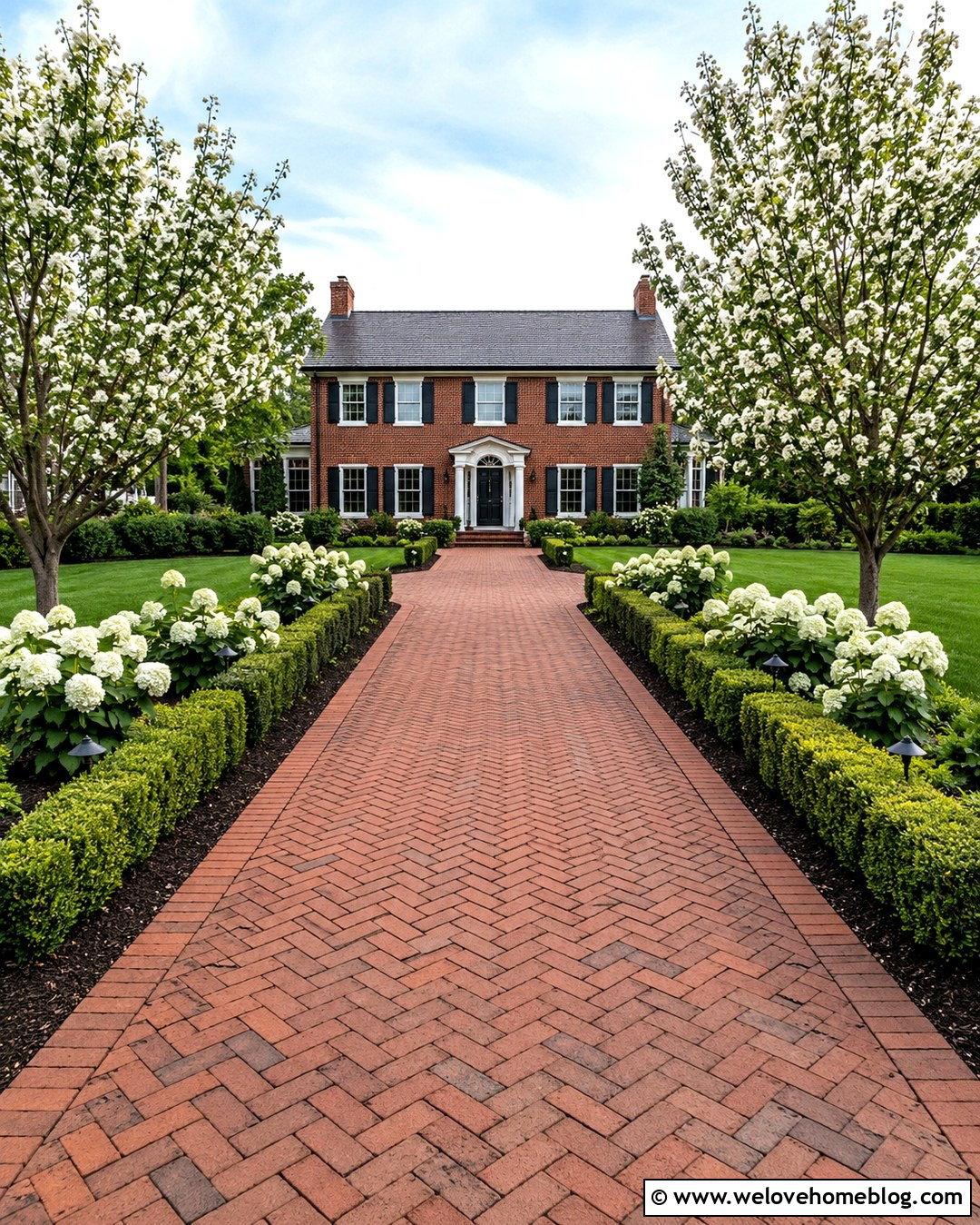 Boxwood Lined Brick Driveway - 20 Plant Lined Driveway Ideas