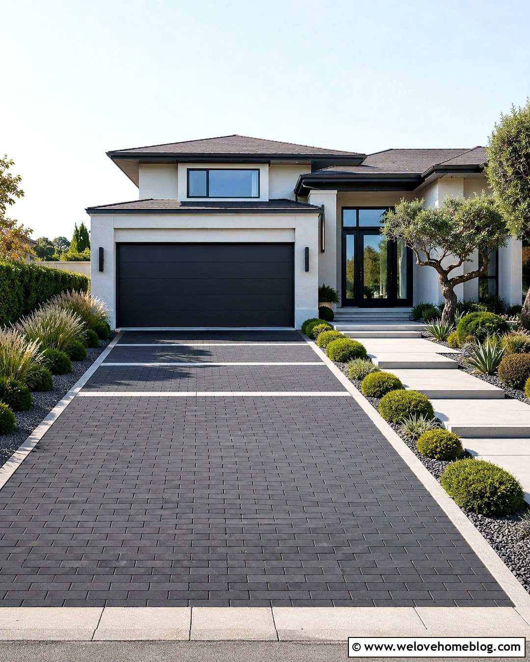 Brick And Concrete Driveway With Modern Bands - 20 How To Design A Brick Driveway Ideas