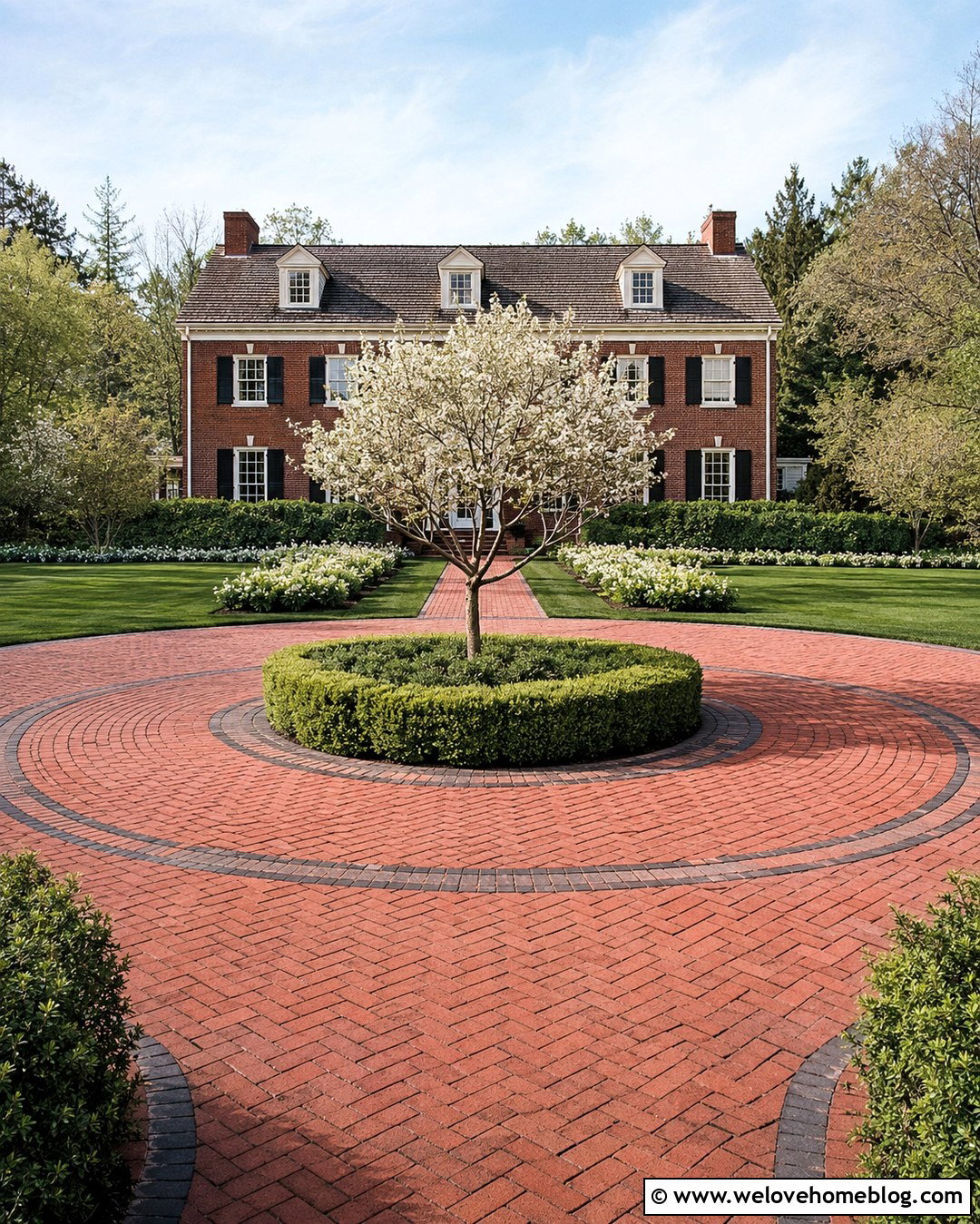 Brick Circular Driveway With Formal Hedges - 20 big front yard landscaping driveways ideas