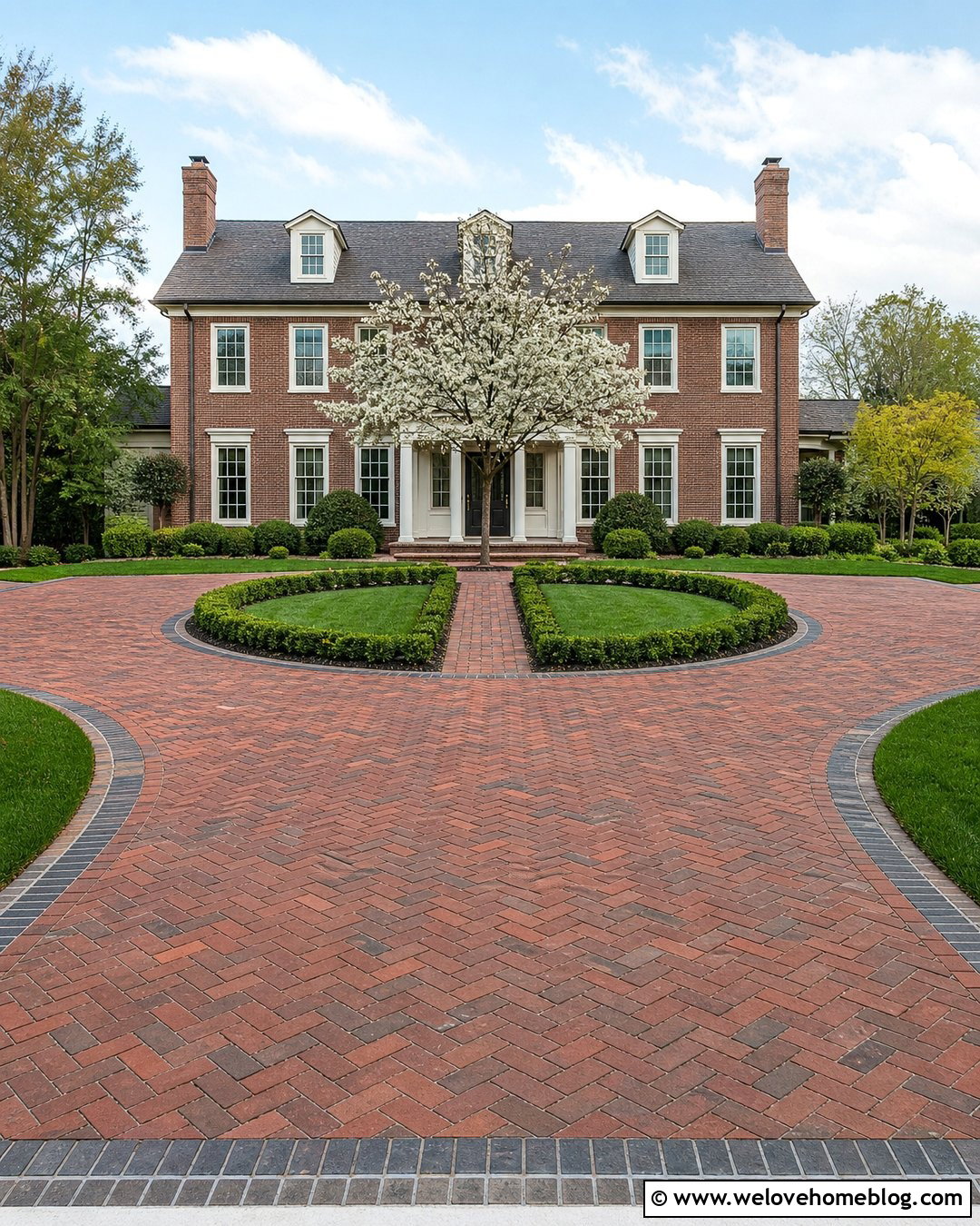 Brick Circular Driveway With Herringbone Pattern - 30 Circular Driveway Design Ideas