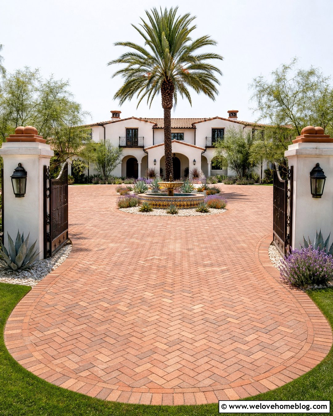 Brick Circular Hacienda Driveway Entrance With Palm Island - 20 Hacienda Driveway Entrance Ideas