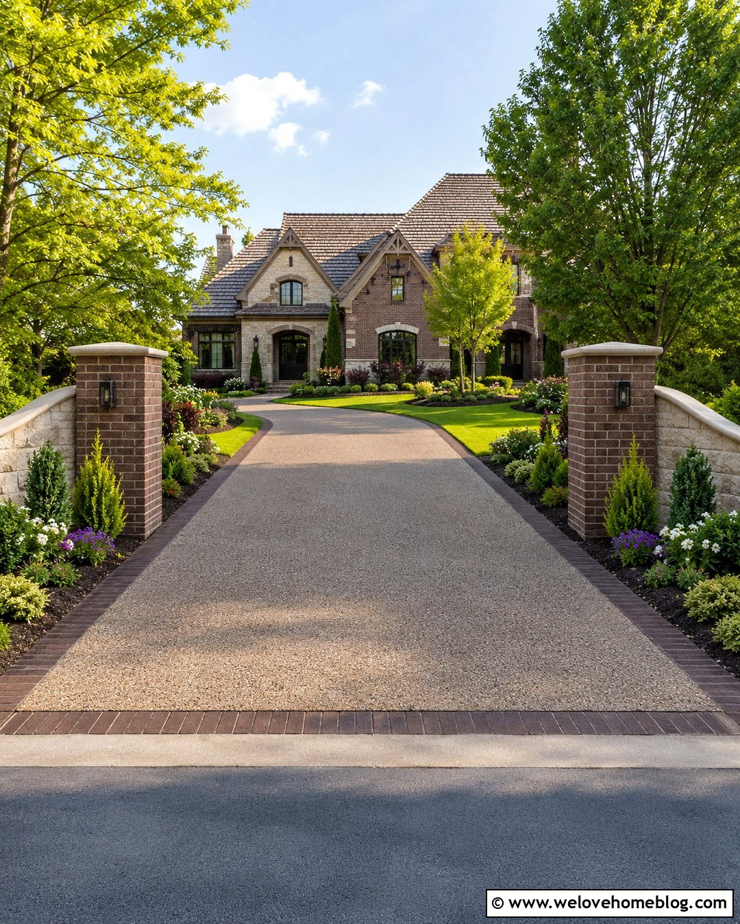 Brick Columns With Stone Wall Panels - 20 Stone And Brick Driveway Entrance Ideas