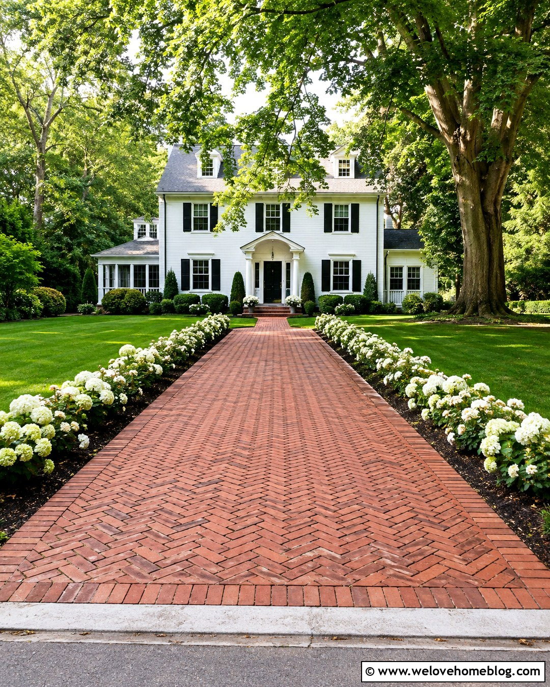 Brick Driveway Edge With Lawn And White Flowers - 20 landscaping driveway edge ideas