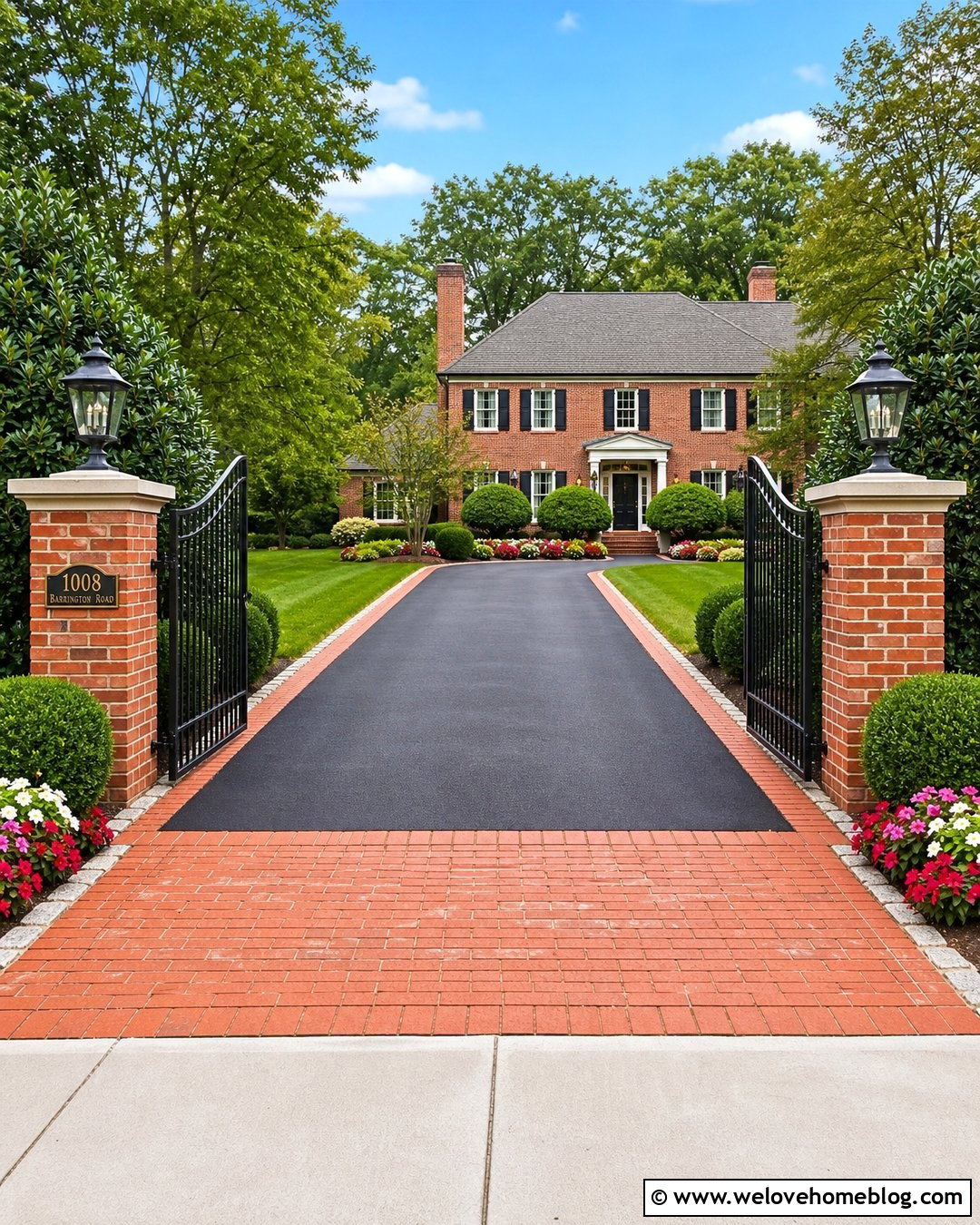 Brick Driveway Entrance With Black Swing Gate