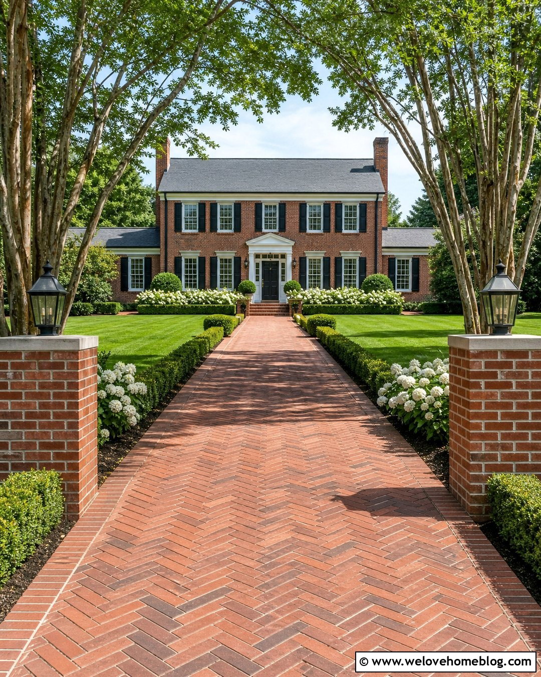 Brick Driveway Entrance With Boxwood Borders