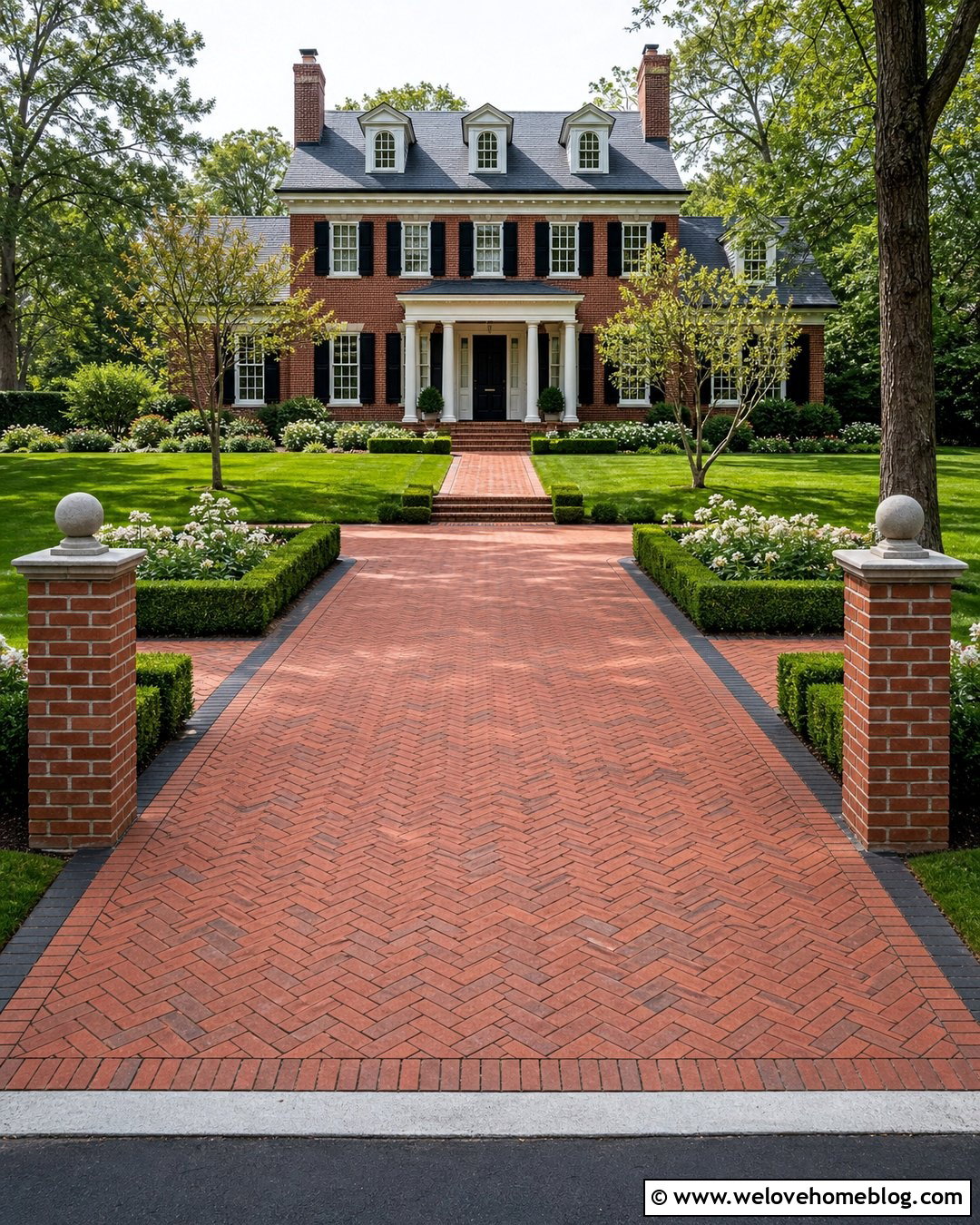 Brick Driveway Entry With Boxwood - 35 Driveway Entry Landscaping Ideas