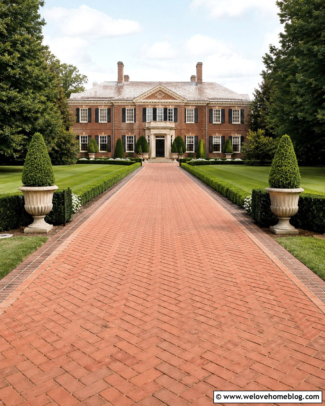 Brick Driveway Pots With Topiary Trees - 20 Driveway Pots Ideas