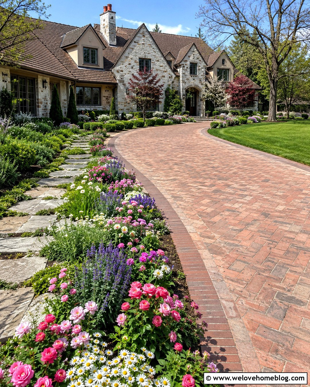 Brick Driveway Strip With Cottage Flowers - 20 driveway strip landscaping ideas