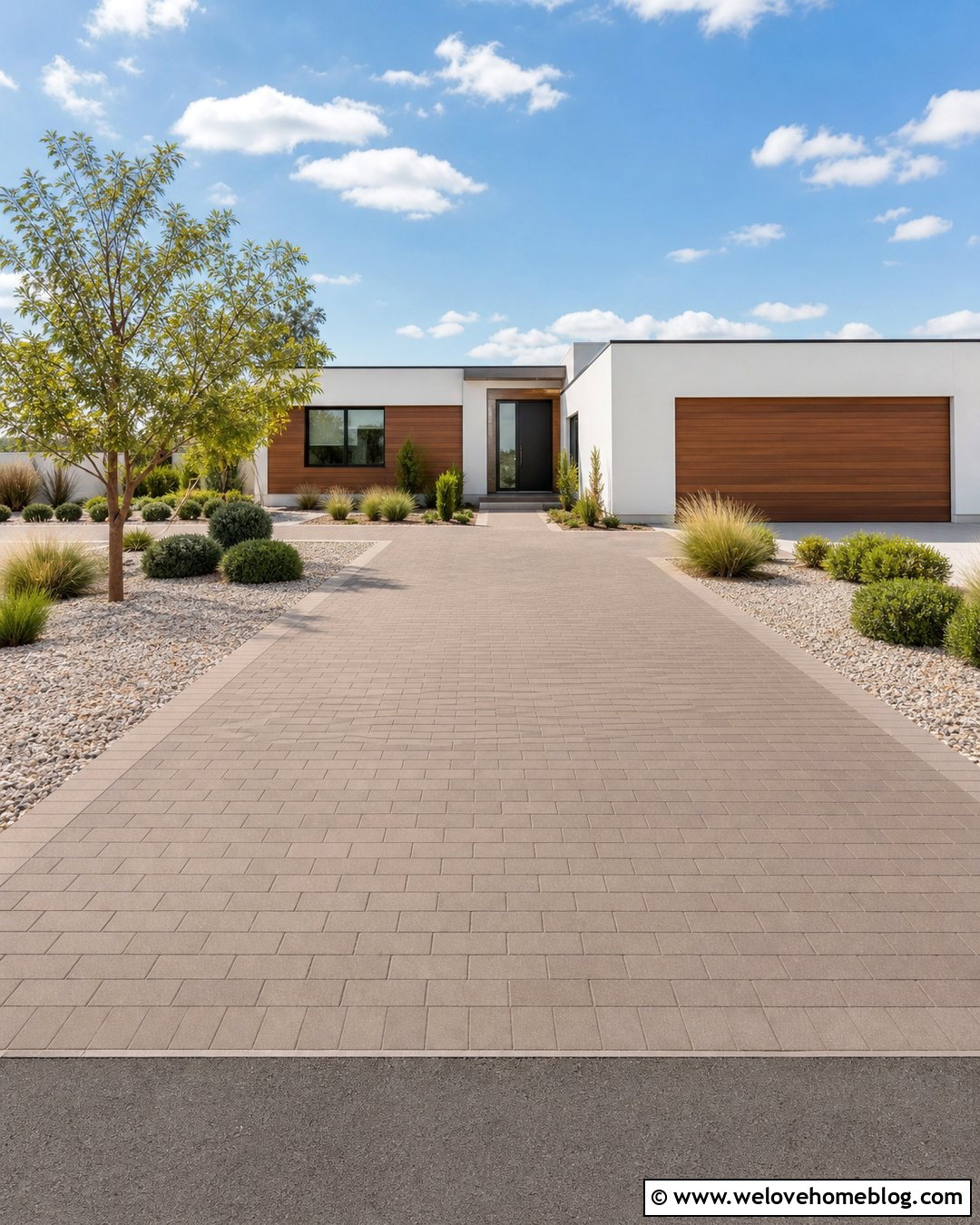 Brick Driveway With A Minimal Front Yard - 20 Modern Brick Driveway With Landscaping Ideas