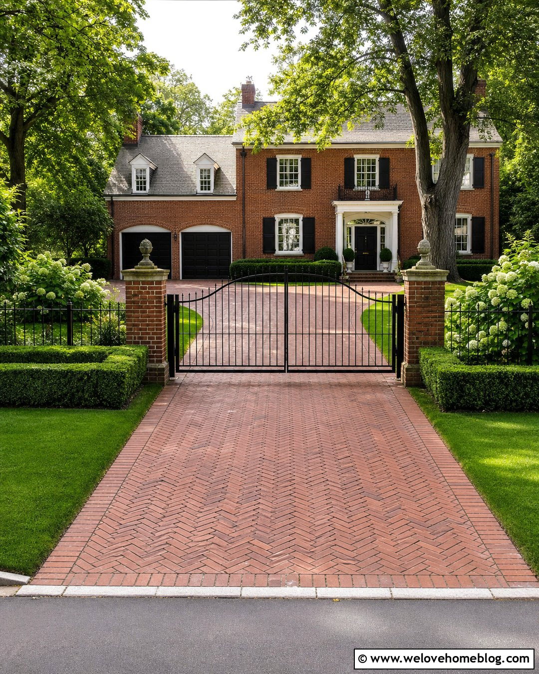 Brick Driveway With Black Iron Fence And Gate - 20 Driveway Front Yard Fence Gate Garage Doors Ideas