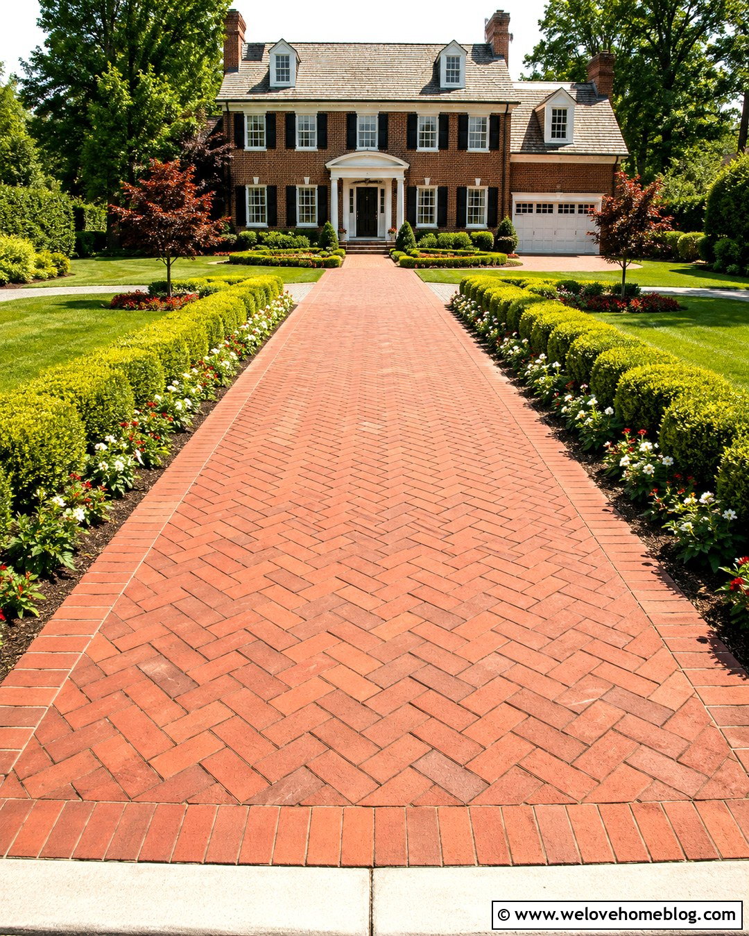 Brick Driveway With Boxwood And Flower Borders - 20 Sunlit Driveway Landscaping Ideas