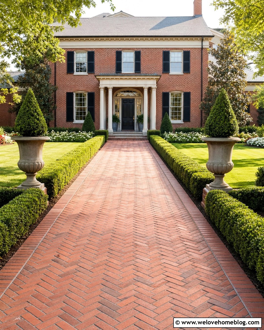 Brick Driveway With Boxwood Borders And Urns - 25 driveway decor ideas