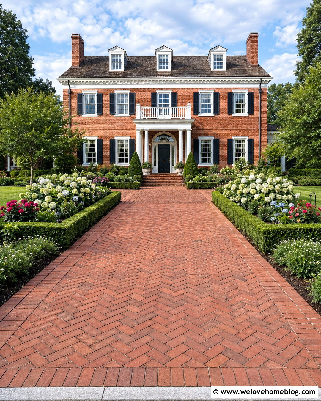 Brick Driveway With Boxwood Borders - 20 Creative Driveway Landscaping Tips Ideas