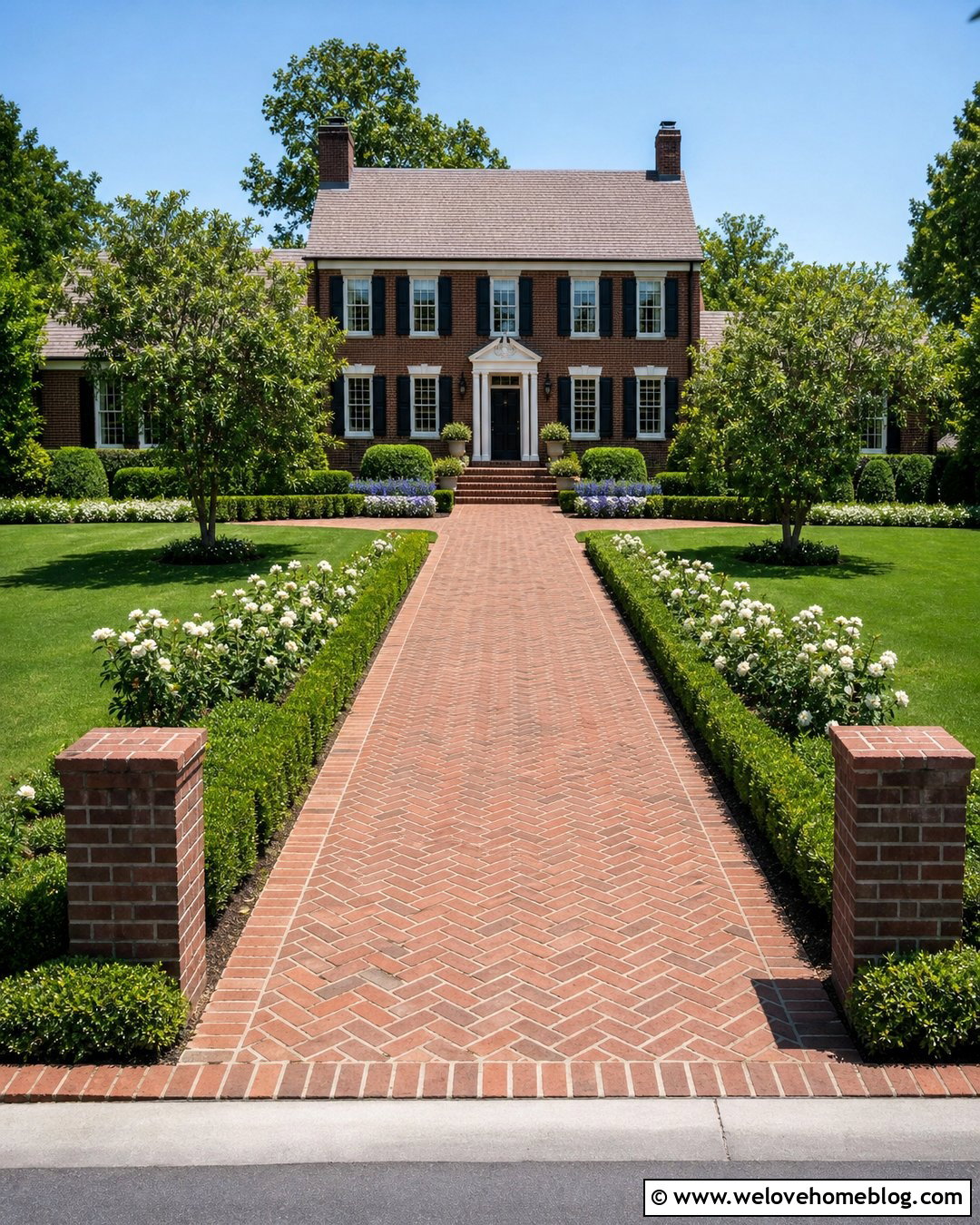 Brick Driveway With Boxwood Garden Borders - 25 Landscape Driveway Ideas