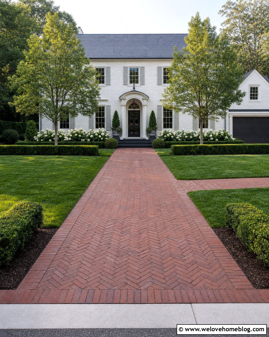 Brick Driveway With Boxwood Landscaping - 35 Brick Driveway Ideas