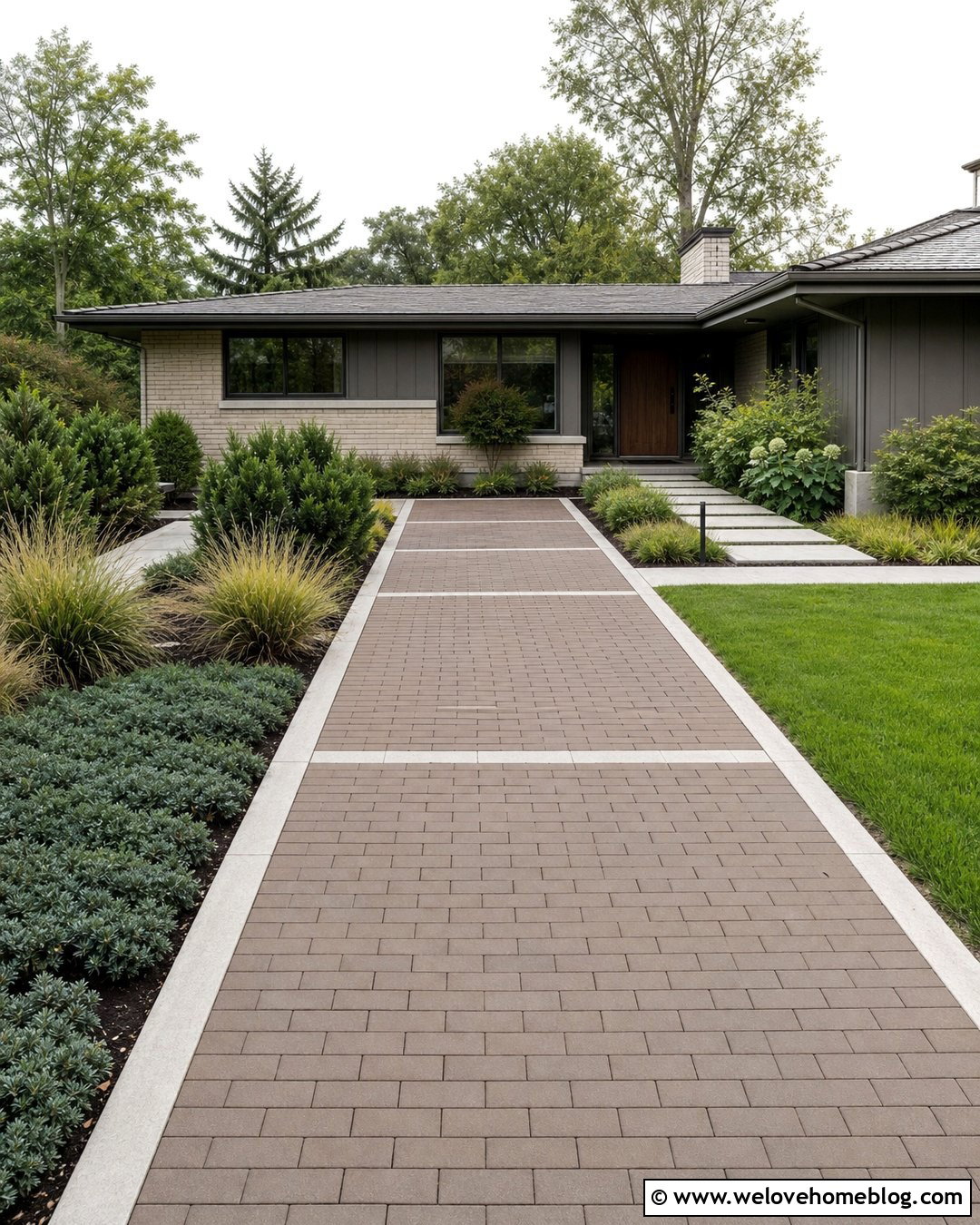 Brick Driveway With Concrete Ribbons - 20 Paved Brick Driveway Ideas