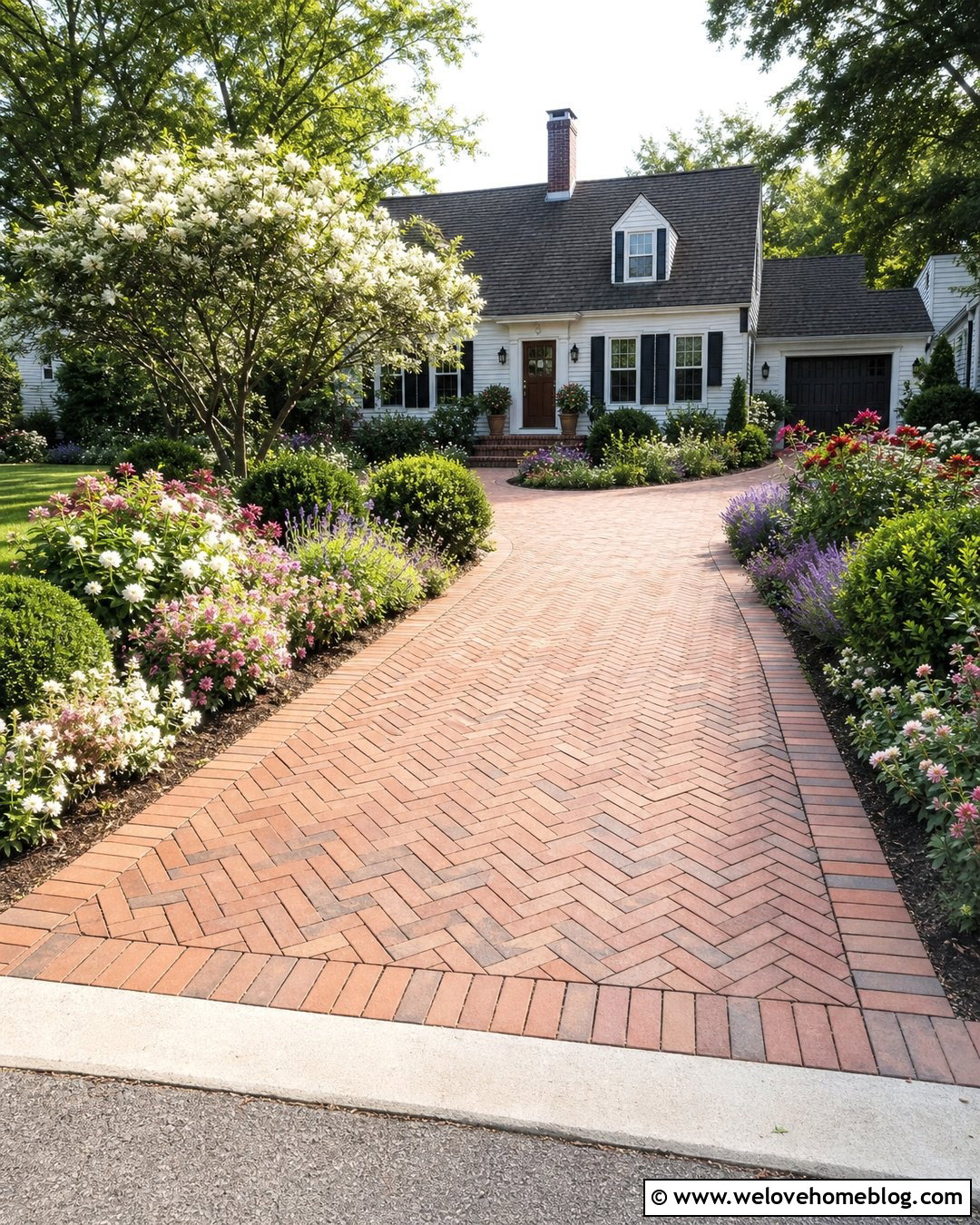 Brick Driveway With Cottage Flower Borders - 20 How To Landscape A Driveway Ideas