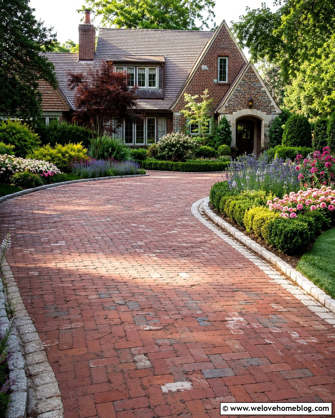 Brick Driveway With Cottage Garden Borders - 20 Driveway Landscaping Before And After Ideas