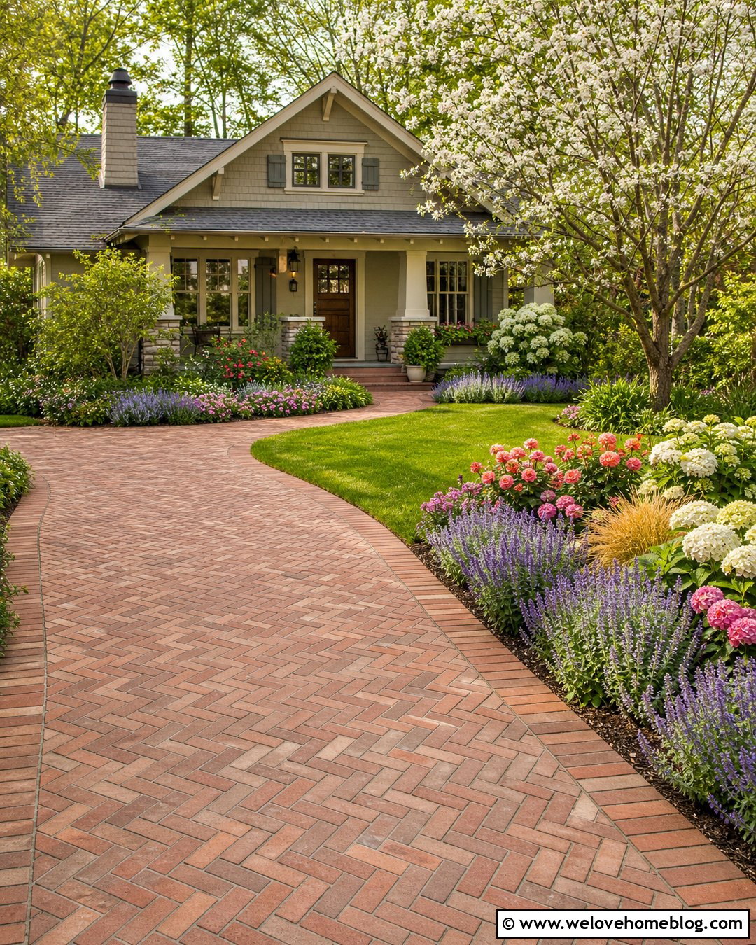 Brick Driveway With Cottage Planting - 40 Front Driveway Landscaping Ideas