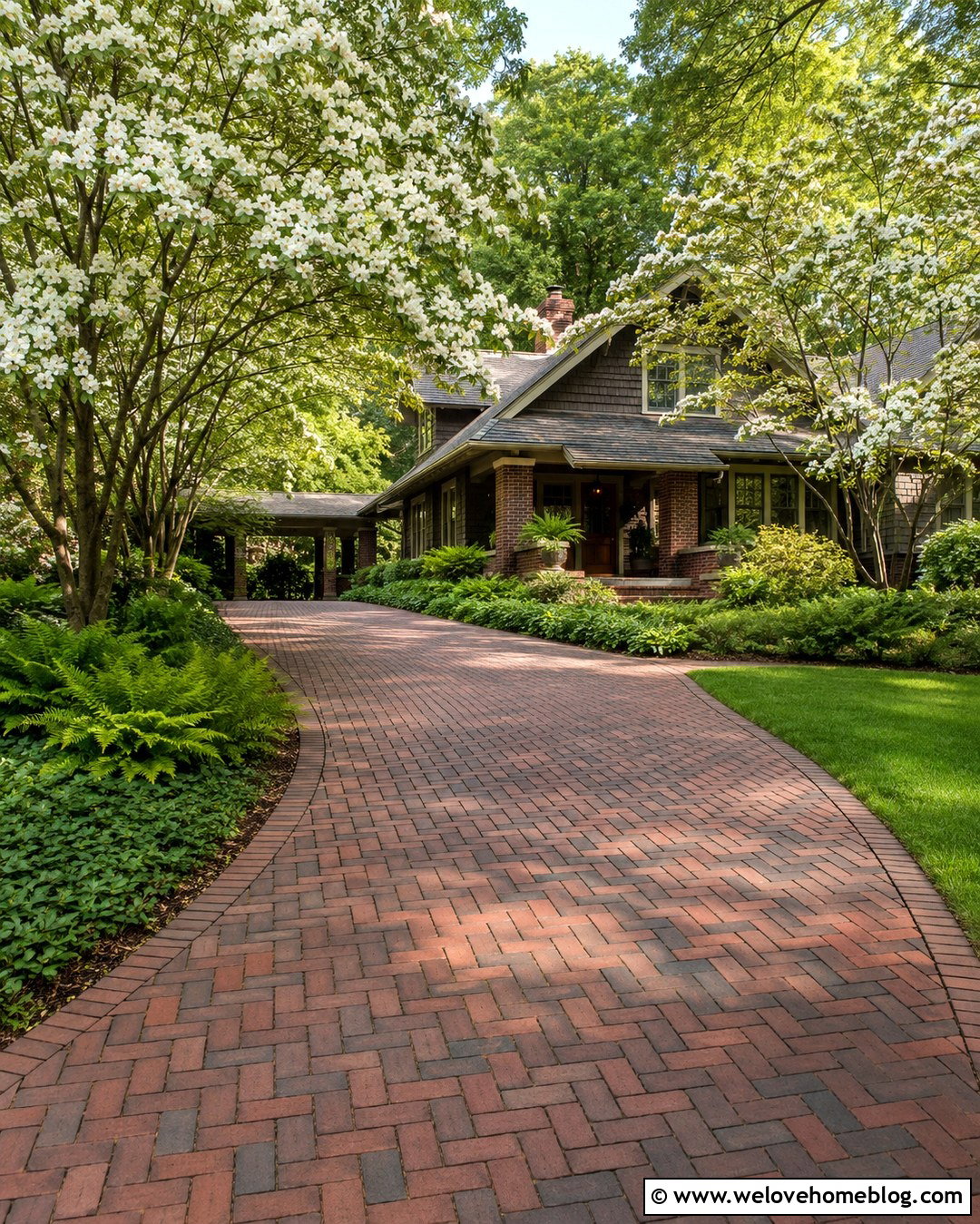Brick Driveway With Dogwood Trees - 20 Summer Tree-Lined Driveway Ideas