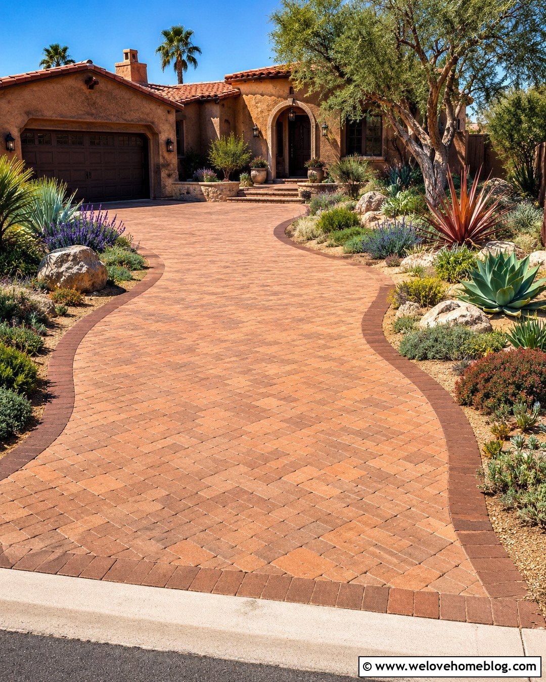 Brick Driveway With Drought Tolerant Garden - 20 Brick Driveway With Garden Landscaping Ideas