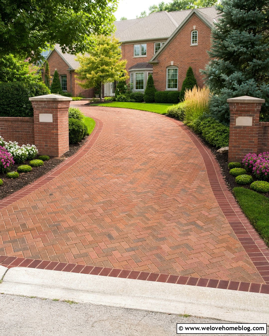 Brick Driveway With Entrance Pillars - 20 Brick Driveway In Suburban Neighborhood Ideas