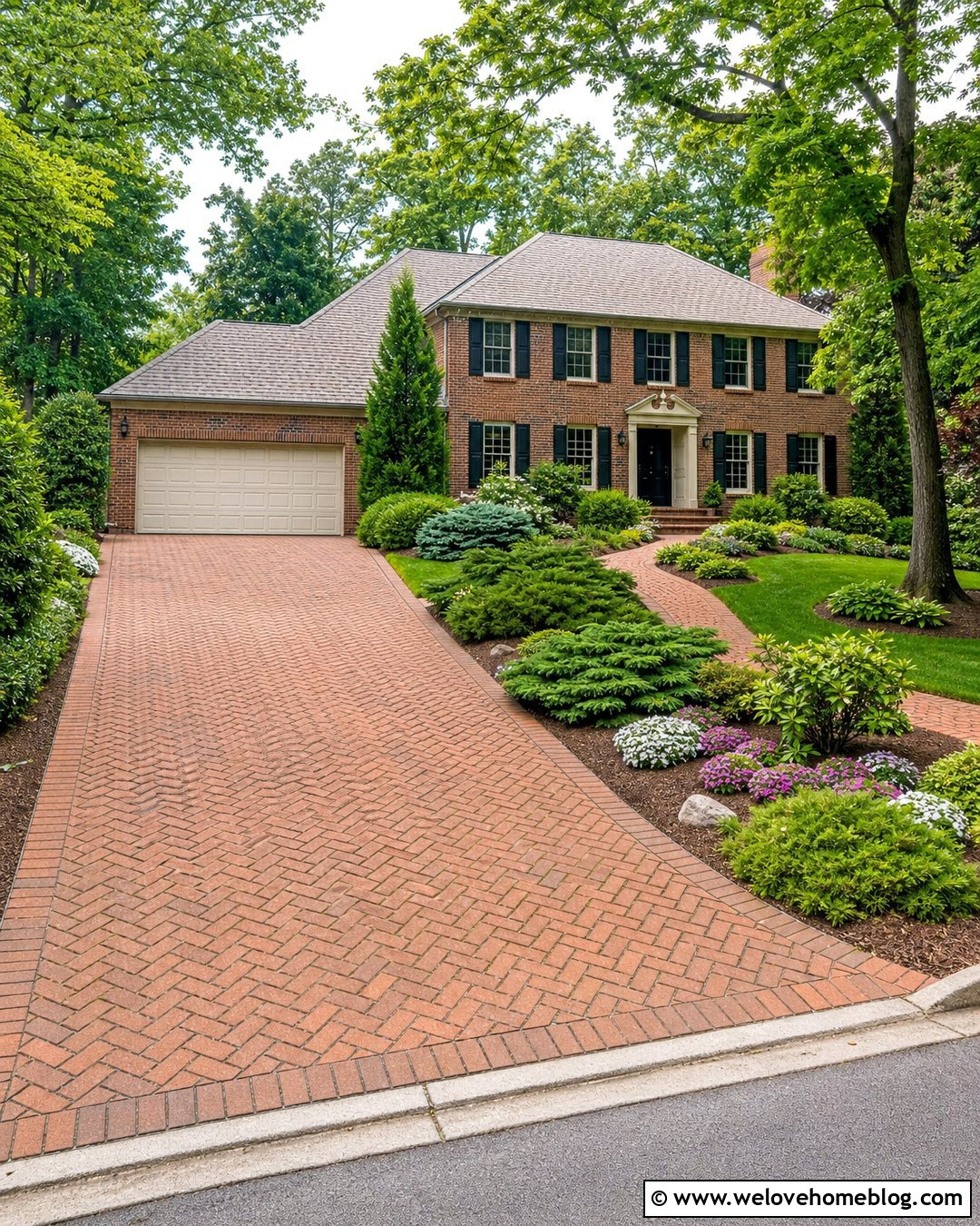 Brick Driveway With Evergreen Borders - 20 natural driveway landscaping ideas