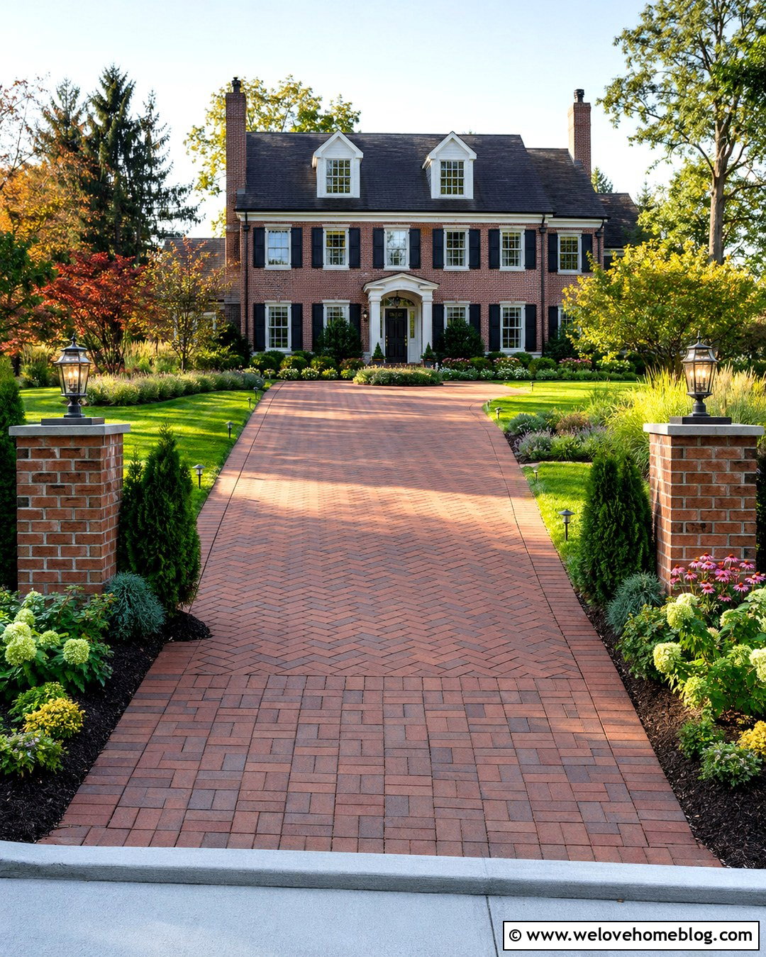 Brick Driveway With Garden Entrance Pillars - 20 Brick Driveway With Garden Landscaping Ideas