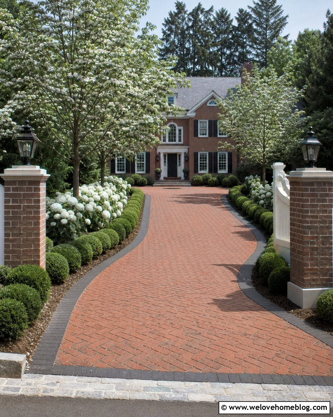 Brick Driveway With Lantern Post Lighting - 20 Lighted Driveway Ideas