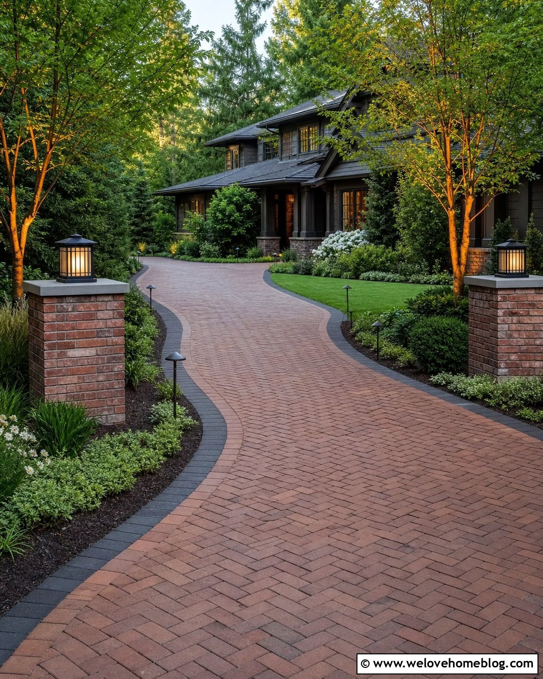 Brick Driveway With Lighting - 35 Brick Driveway Ideas