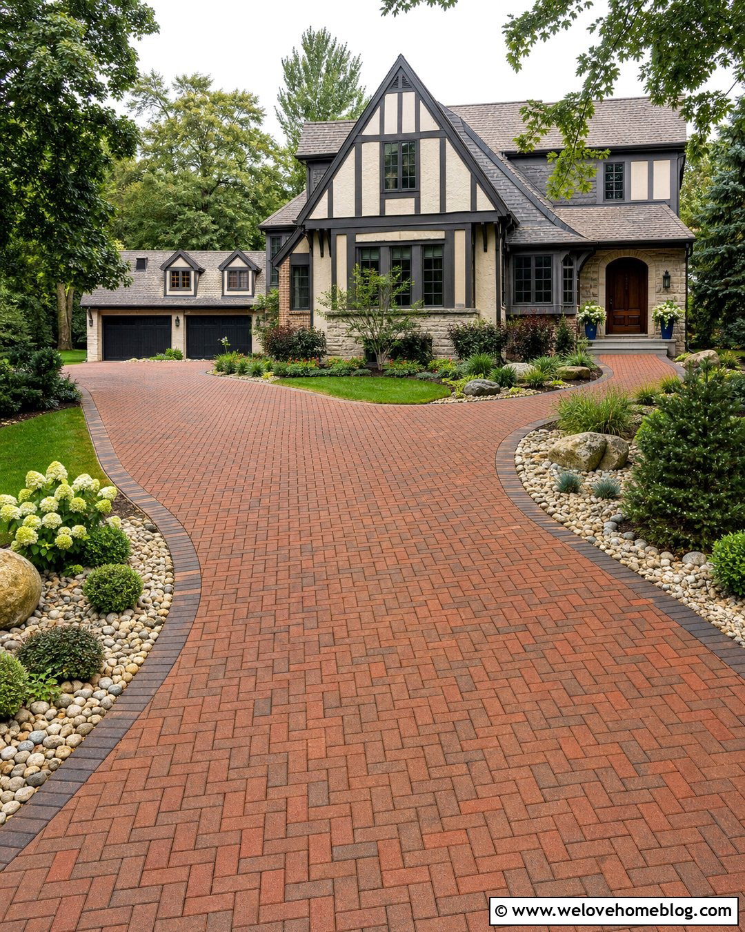 Brick Driveway With Mixed River Rock Landscaping