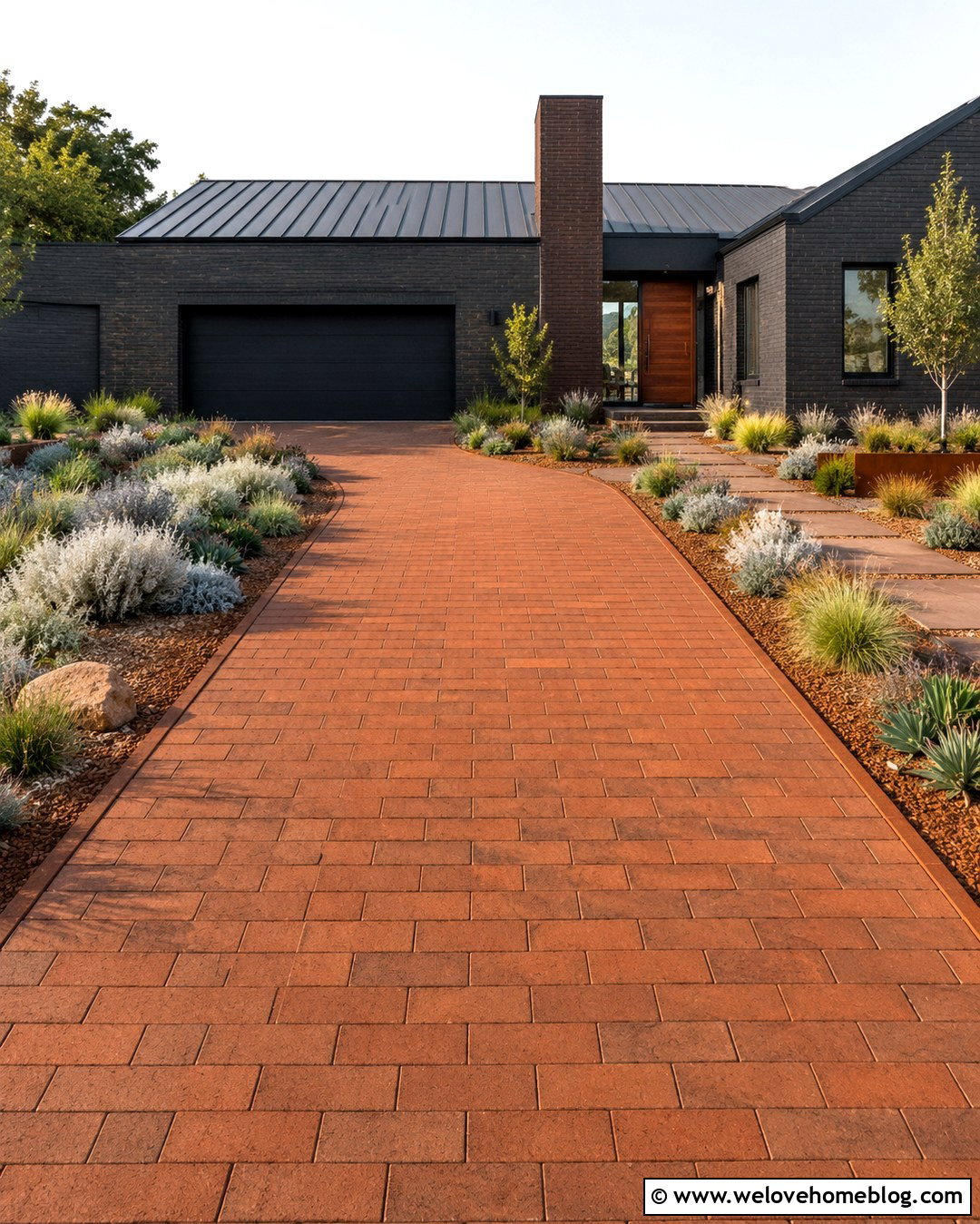 Brick Driveway With Modern Corten Steel Edging - 20 Modern Brick Driveway With Landscaping Ideas