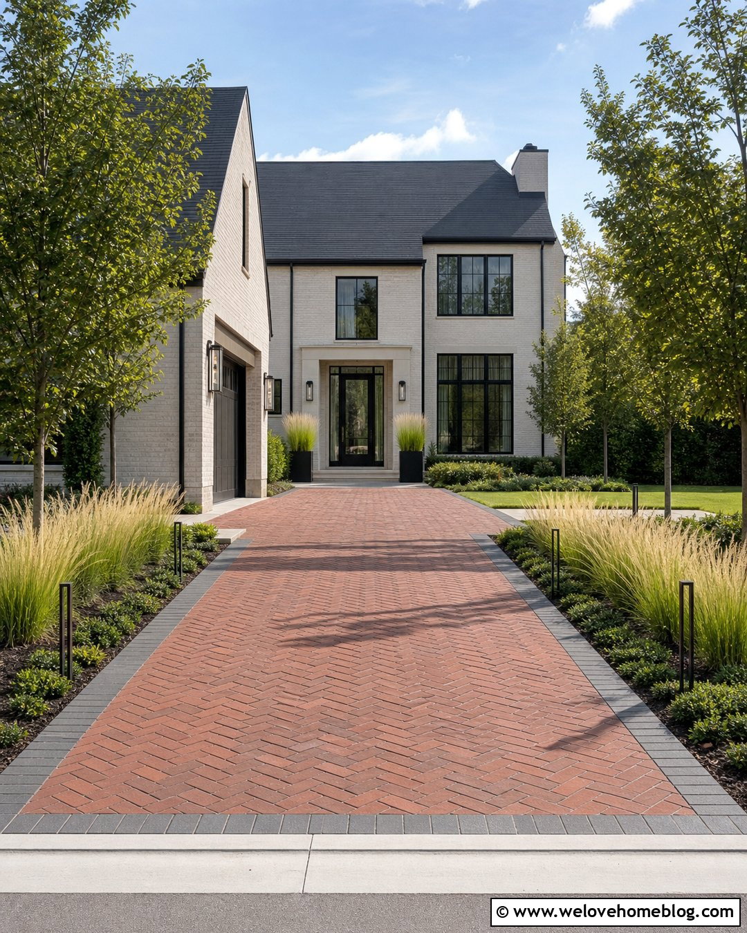 Brick Driveway With Modern Lighting And Grasses - 20 Modern Brick Driveway With Landscaping Ideas