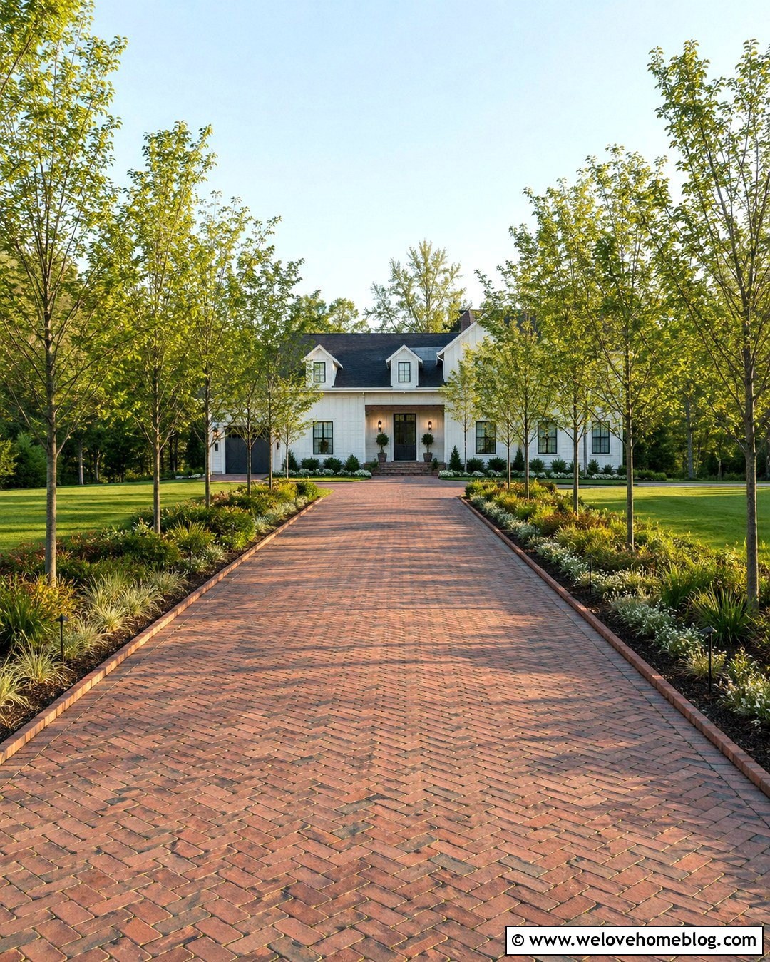 Brick Driveway With Tree Lined Entrance - 20 Brick Driveway With Garden Landscaping Ideas