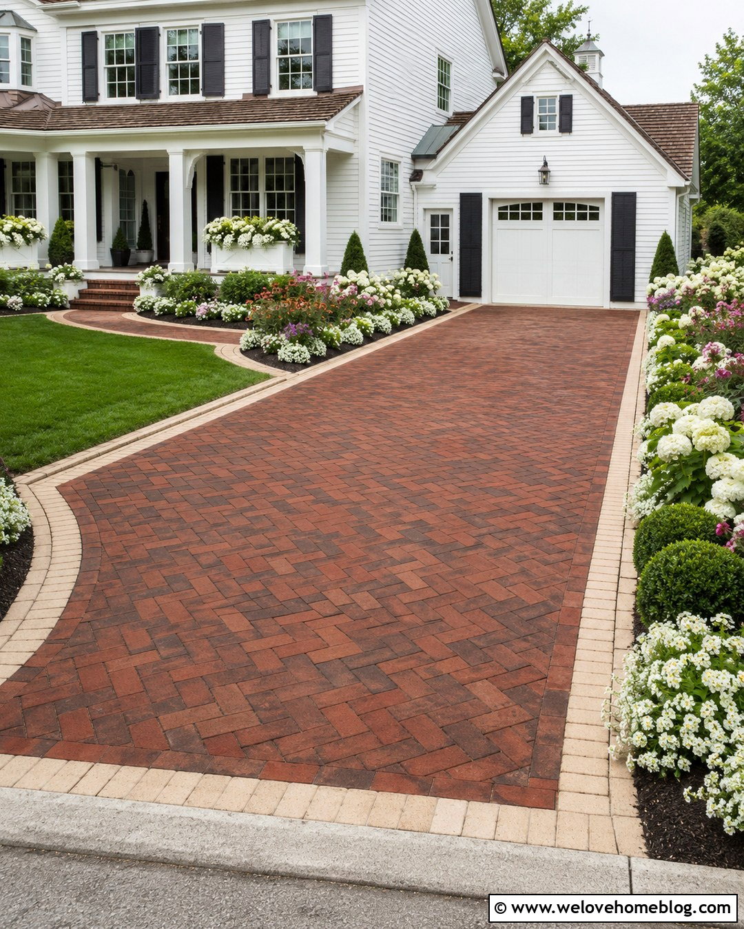 Brick Driveway With White Flower Borders - 20 Brick Driveway With Garden Landscaping Ideas