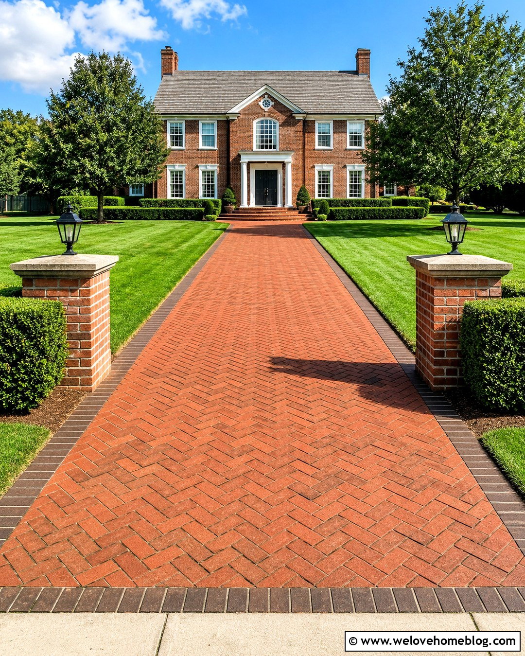 Brick Entrance With Herringbone Paver Driveway