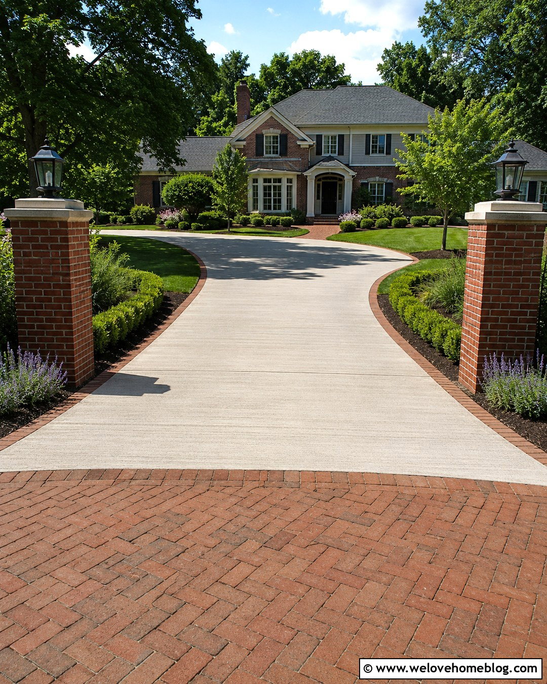 Brick Entrance With Lantern Pillars - 20 brick entrance driveway ideas