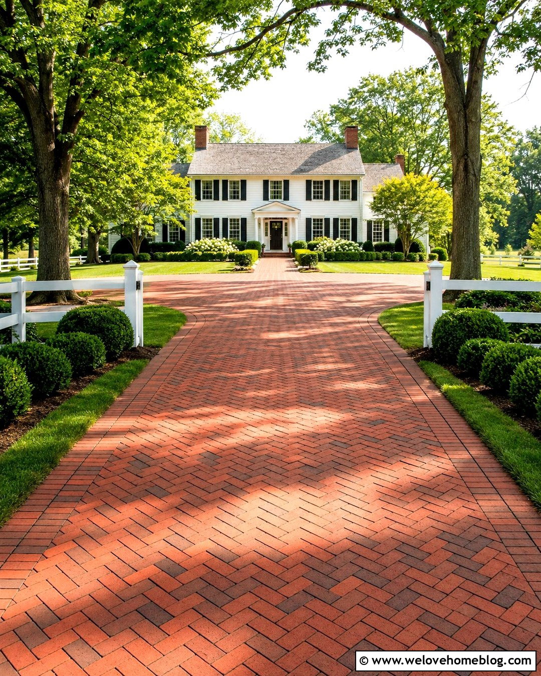 Brick Farm Driveway With White Fence - 20 Farm Driveways Ideas