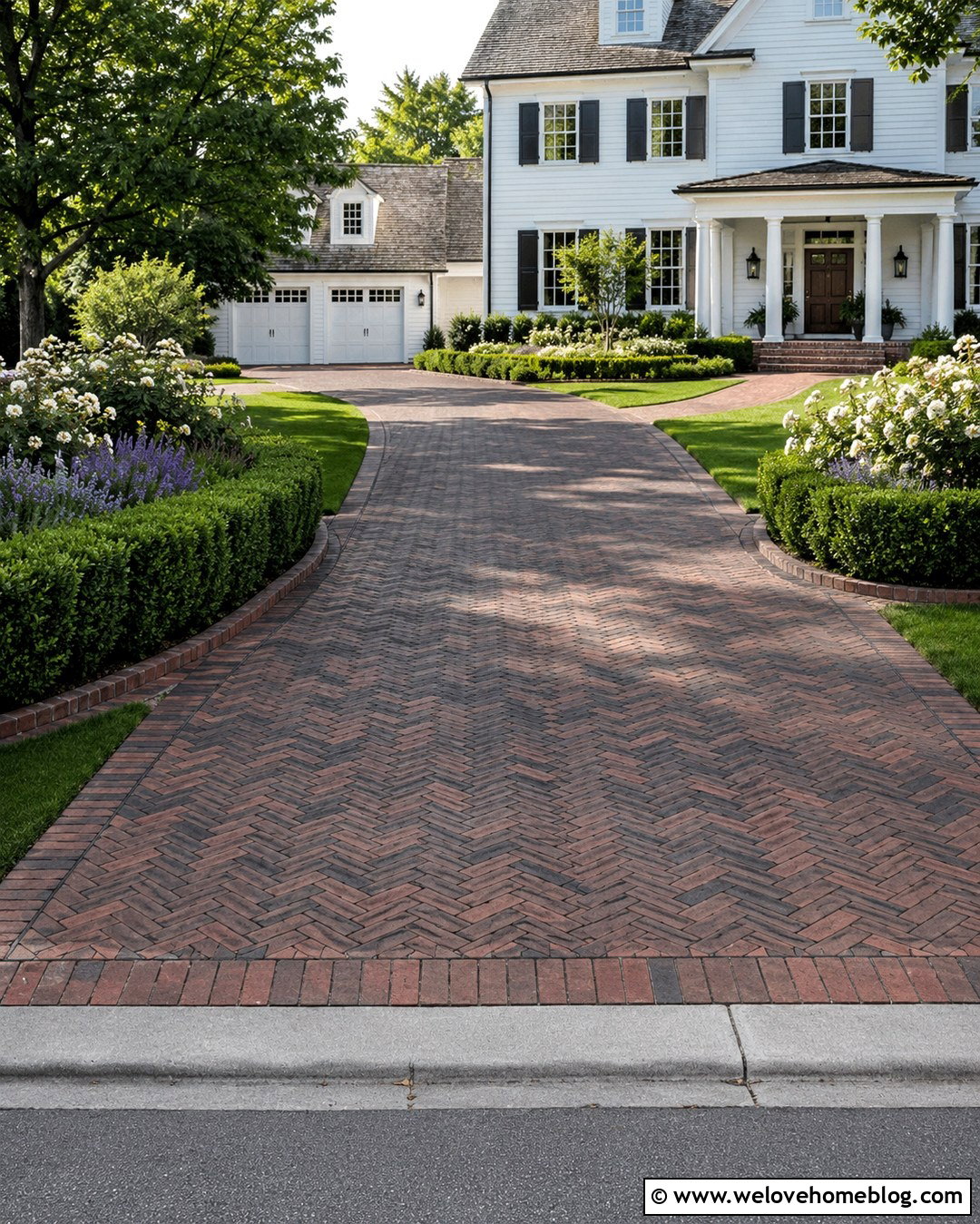 Brick Farmhouse Driveway In Herringbone - 20 Driveway Farmhouse Ideas