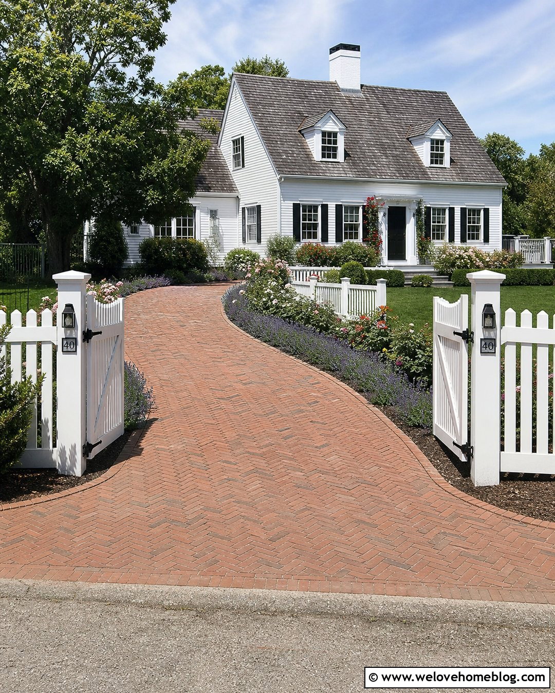 Brick Farmhouse Driveway With White Picket Gate - 40 Farmhouse Driveway Entrance Ideas