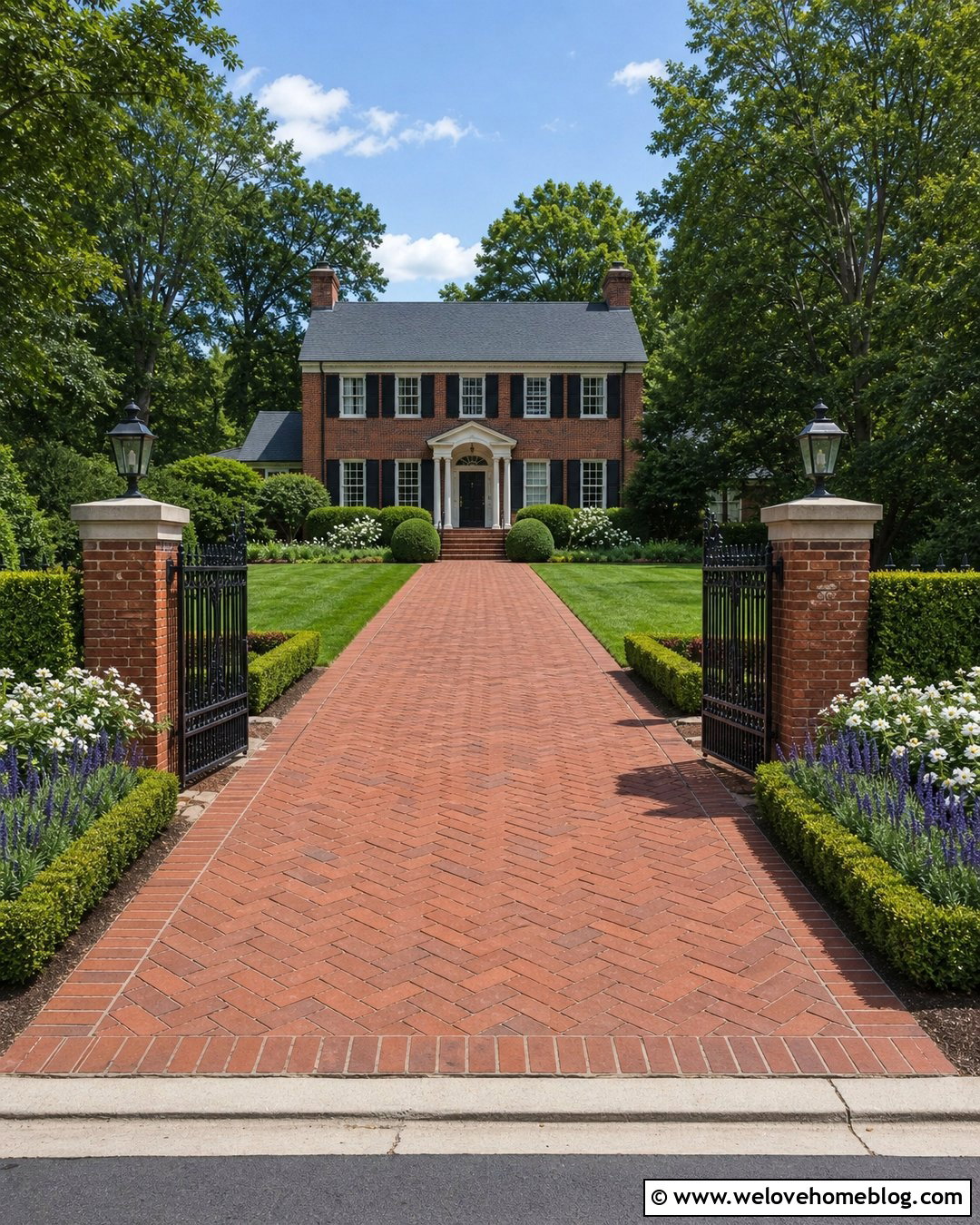 Brick Gated Driveway Entrance With Boxwood Borders - 25 gated driveway entrance landscaping ideas