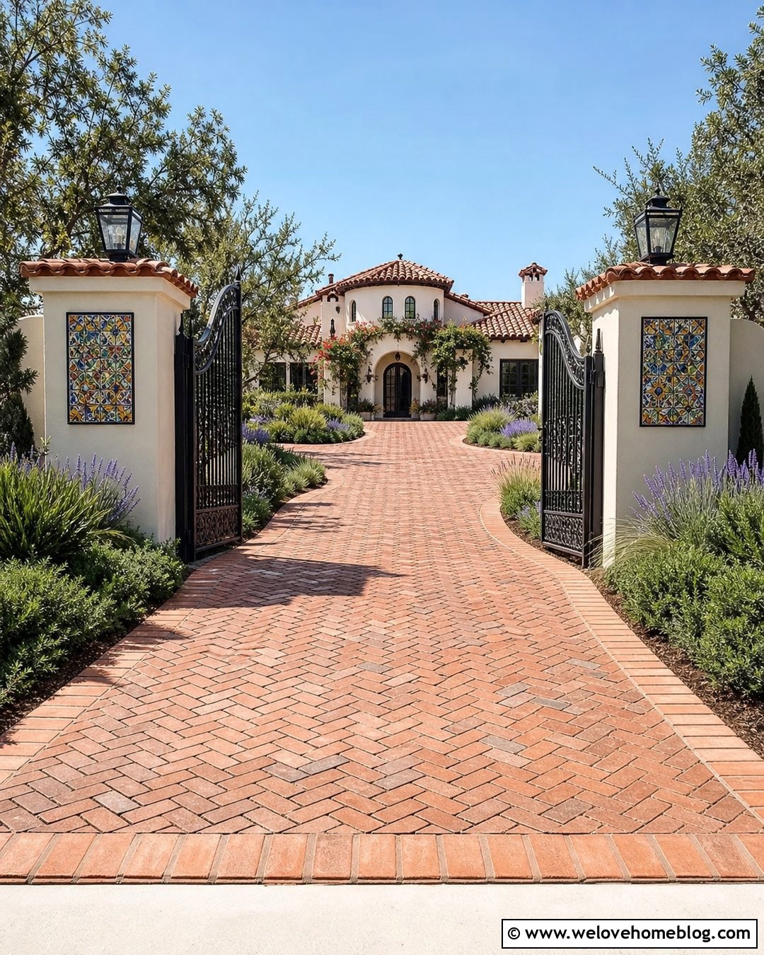 Brick Hacienda Driveway Entrance With Tiled Pillars - 20 Hacienda Driveway Entrance Ideas